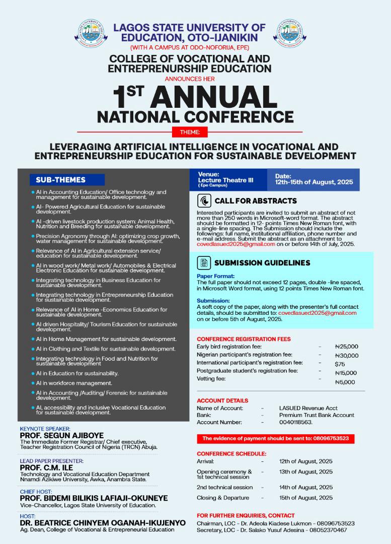 1st Annual National Conference on Leveraging Artificial Intelligence in Vocational and Entrepreneurship Education for Sustainable Development Banner